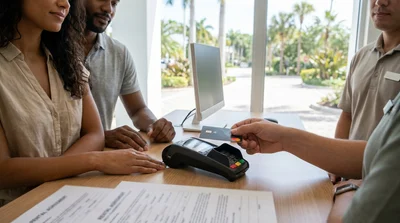 Person tapping a contactless credit card on a payment terminal at a Florida car hire desk