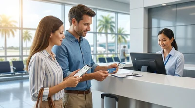 Traveler handing documents to an agent at an Orlando airport car hire desk