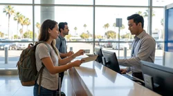 Customer receiving keys from an agent at a car rental desk in California