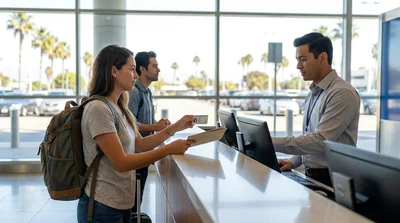 Customer receiving keys from an agent at a car rental desk in California