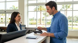 Customer inserting a credit card into a payment terminal at a Florida car hire desk