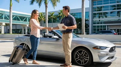 Agent handing keys to a customer next to a car rental vehicle at Miami airport