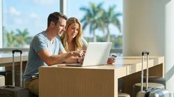 Two people smiling in the front seats of a car rental driving along a sunny highway in Florida