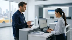 Customer handing a physical credit card to a service agent at a New York car rental counter