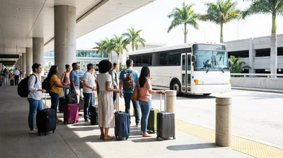 Travelers with luggage boarding a car rental shuttle outside the LAX terminal in Los Angeles