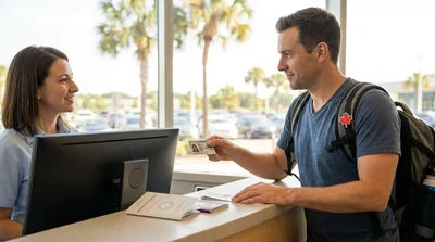 A driver picking up a car rental from a sunny airport parking lot in Florida