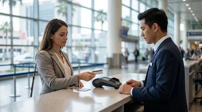 Close-up of a person giving a credit card to an agent at a San Francisco car hire counter