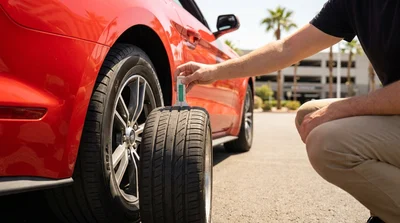 Person checking the tire tread of a car rental parked on a bright Las Vegas street