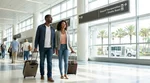 Passengers with luggage walking outside Los Angeles international arrivals toward a car rental shuttle