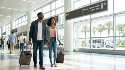 Passengers with luggage walking outside Los Angeles international arrivals toward a car rental shuttle