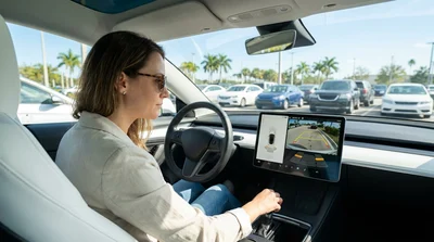 Person inspecting the rear bumper and reversing camera of a car rental in a sunny Florida parking lot