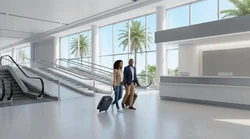 Traveler pulling luggage along a flat walkway toward the car hire desks at Orlando airport