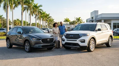 White standard and grey intermediate SUVs parked near palm trees at a Florida car rental lot