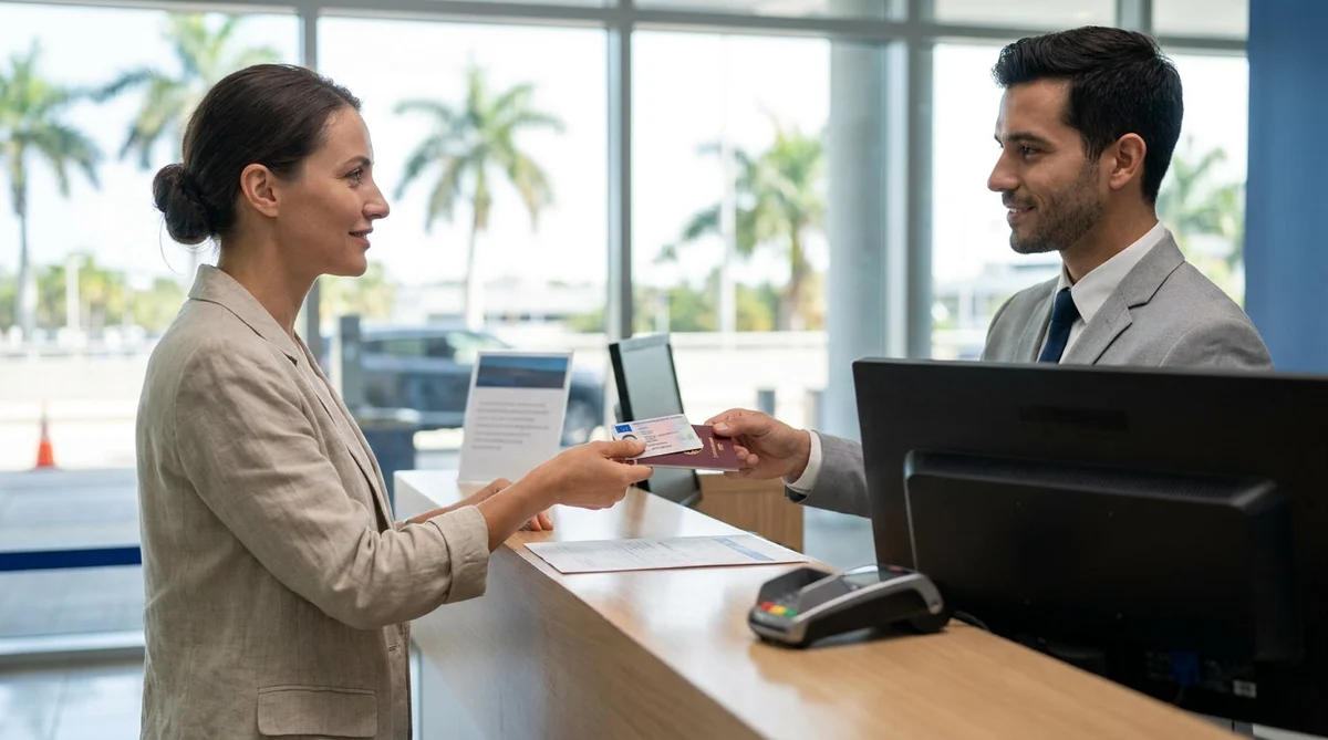 Traveler handing an ID card to an agent at a car rental counter in Miami