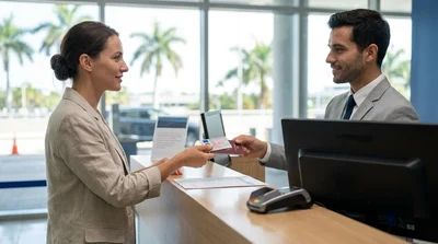 Traveler handing an ID card to an agent at a car rental counter in Miami