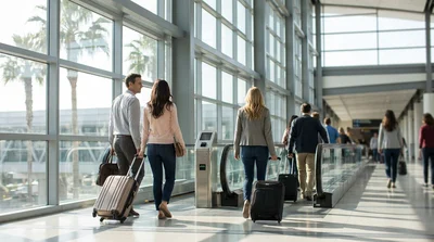 Travelers rolling luggage through Orlando Airport Terminal B toward the car rental desks
