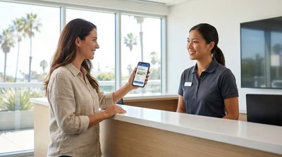 Traveler showing a digital voucher on a smartphone at a car rental desk in Los Angeles