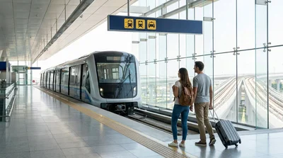 Elevated JFK AirTrain moving along tracks toward a car rental center in New York