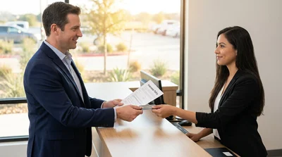 Person signing paperwork next to a set of keys at a car rental counter in Texas