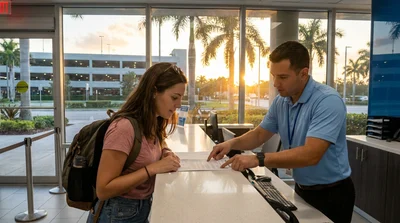 Customer receiving keys for a car rental at an illuminated Miami airport desk at night