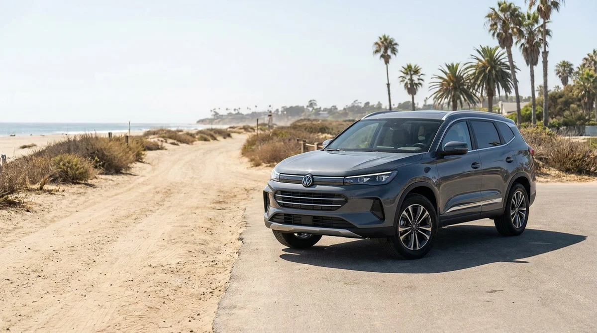 A white car rental driving on a dusty unpaved road near a sandy beach in California