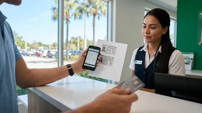 Close-up of a person holding a driving licence at a Florida car rental desk