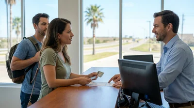 Two adults showing ID cards to an agent at a Texas car rental counter