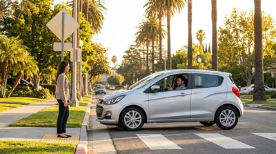 Pedestrian using a crosswalk in front of a car rental vehicle on a sunny California street