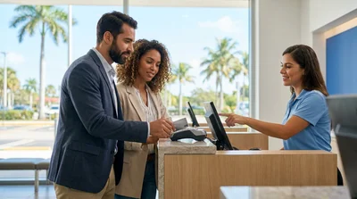 Person inserting a credit card into a payment terminal at a car hire desk in Miami