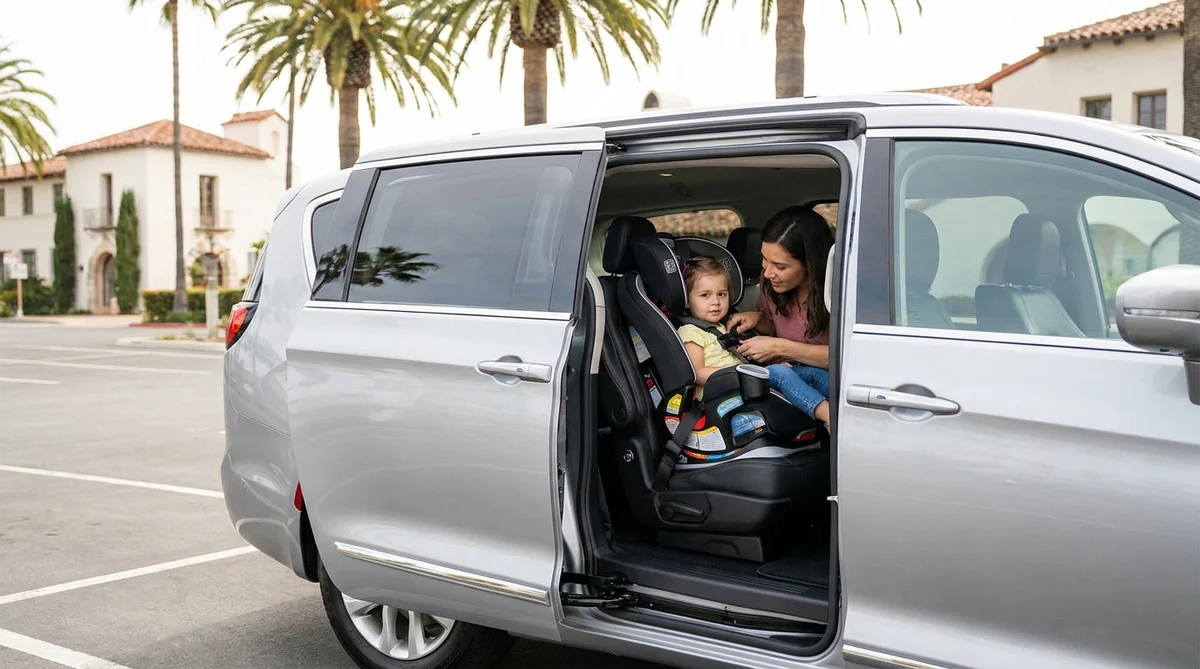 Toddler safely buckled into a child seat inside a California car rental