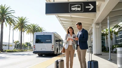 Travelers with luggage waiting for a car rental shuttle outside LAX Terminal 2 in Los Angeles