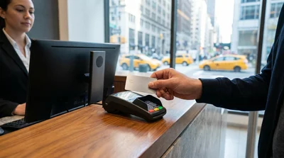 Close up of a hand presenting a metal credit card at a car hire desk in New York