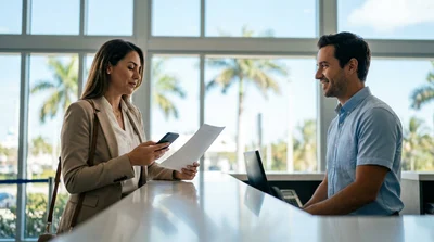 Customer reviewing paperwork with an agent at a Miami car rental counter