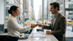 Hands exchanging two keys across a car rental counter with a New York street in the background