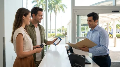 Traveler showing a boarding pass at a car rental counter in Miami