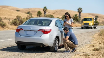 Driver checking a flat tire on a car rental parked along a scenic coastal highway in California