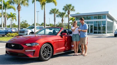 Two smiling friends sitting in the front seats of a car hire on a sunny Orlando road