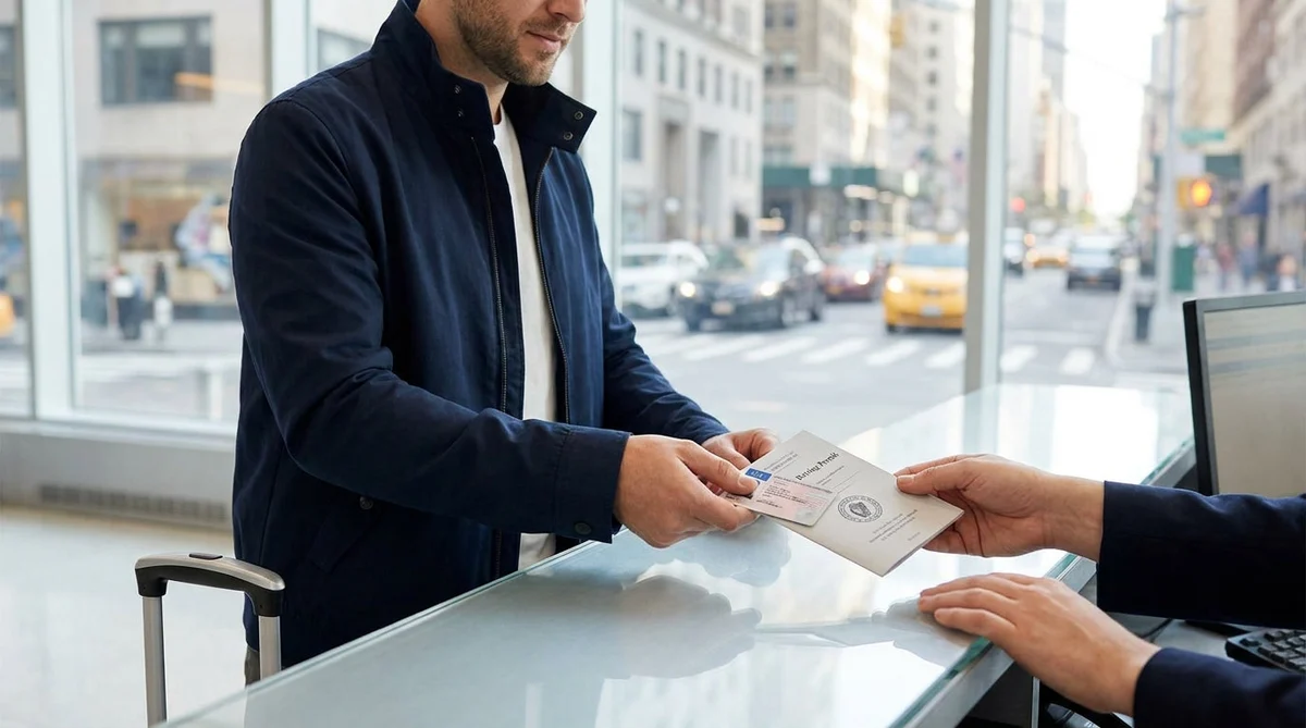 Driver showing a license to an agent at a car rental desk in New York