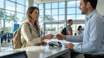 Close up of a person holding a credit card at a car rental desk in Miami