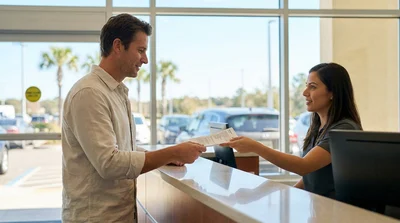 Customer receiving a paper contract from an agent at a car hire desk in Orlando