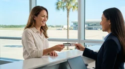 Person presenting a credit card and ID at a Florida car rental counter