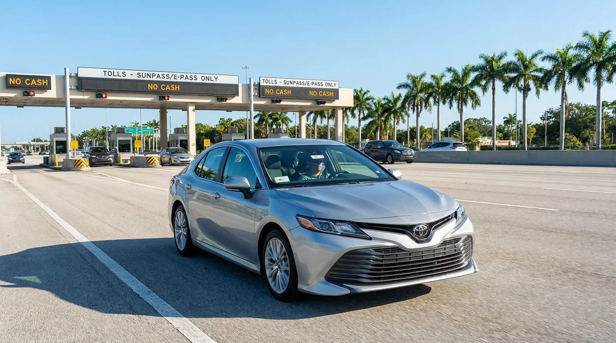 Driver in a white car rental approaching a sunlit highway toll booth in Florida