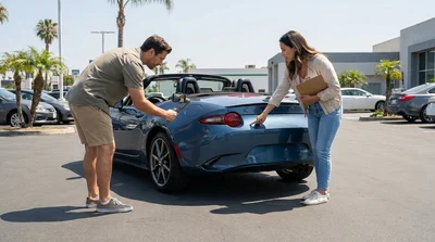 Person filming the exterior of a car hire with a smartphone in a Los Angeles parking lot