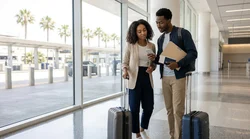 Traveler pulling luggage outside LAX airport in Los Angeles waiting for a car hire shuttle