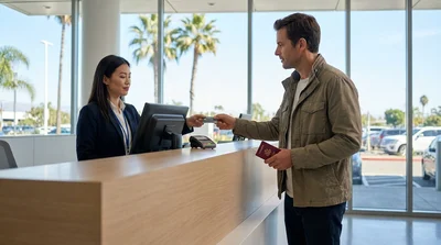 Customer handing a credit card to an agent at a California car hire counter