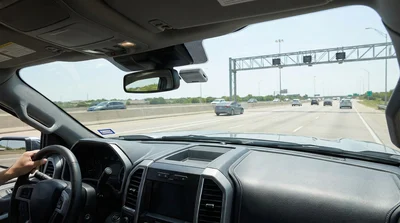 Silver car rental driving under an electronic toll gantry on a Texas express lane