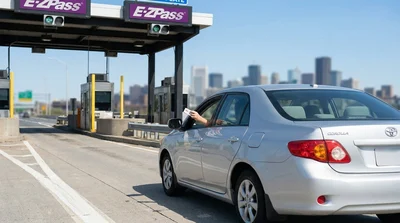 Silver car rental driving under an electronic toll gantry on a New York highway