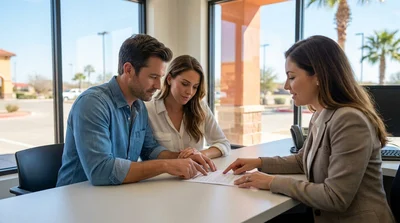 A person's hands holding a pen to sign documents at a car rental desk in Texas