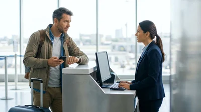 Traveler loading luggage into a car rental vehicle at a New York airport