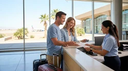 Traveler holding keys and paperwork at a Las Vegas airport car rental counter
